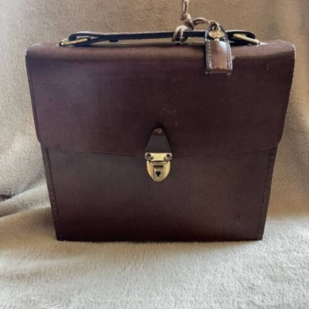 Glass Flask Set of 2 w/Leather Carrier with Key - MCM Vintage Mid Century Modern